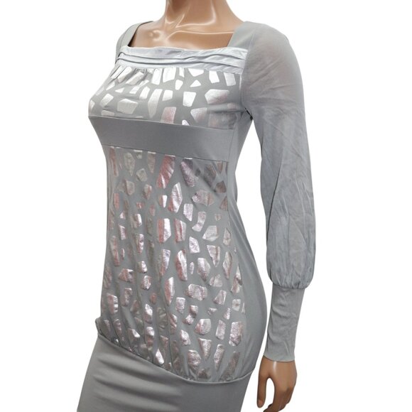 Y2K DKNY Silver Geometric Long Sleeve Mini Dress S - Picture 2 of 7